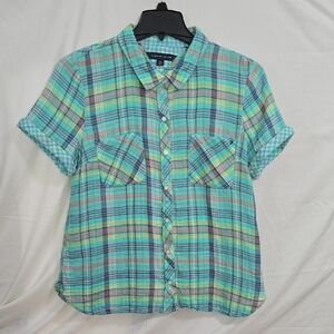Tommy Hilfiger Womens XL Plaid Short Sleeve Button-Up Shirt